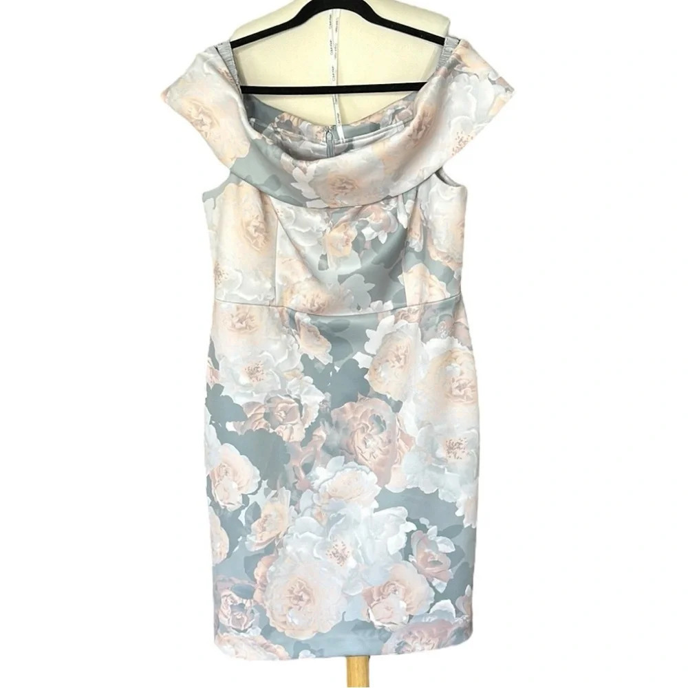 Calvin Klein Light Blue Floral Sheath Dress with Blush Accents